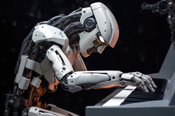 Canvas Print - humanoid robot working on a computer keyboard, created with generative ai