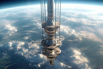Wall Mural - space elevator connecting earth to habitat, created with generative ai
