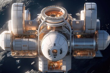 Wall Mural - space habitat with integrated spaceport, created with generative ai