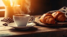 Photo Of A Delicious Breakfast Spread With Coffee And Croissants On A Table .generative Ai