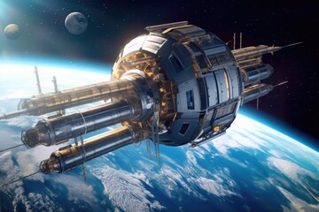 Wall Mural - futuristic space station with earth background, created with generative ai