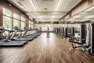 Canvas Print - gymnasium with rows of cardio machines, free weights, and mirrors, created with generative ai