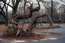 A Broken And Twisted Bicycle Rack Near Park Entrance, Created With Generative Ai