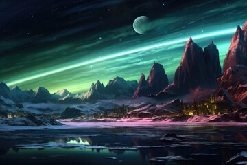 Wall Mural - a panoramic view of auroras on various planets, created with generative ai