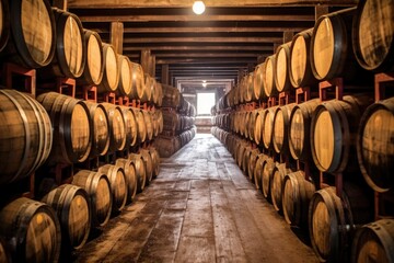 Sticker - rows of whiskey barrels aging in oak casks, created with generative ai