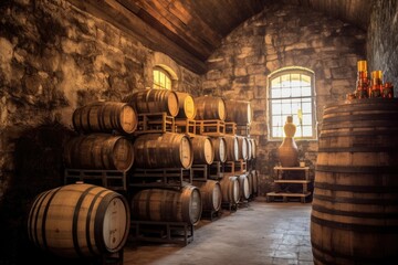 Sticker - aged barrels stacked in a rustic whiskey distillery, created with generative ai