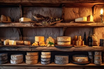 Wall Mural - variety of cheese wheels on rustic wooden shelves, created with generative ai