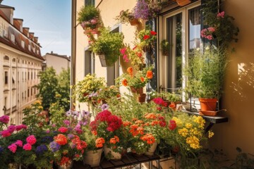 Sticker - window garden filled with colorful flowers and herbs, on a sunny balcony, created with generative ai