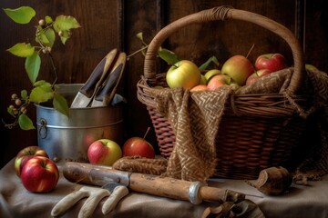 Wall Mural - apple harvest tools: gloves, basket, and pruning shears, created with generative ai