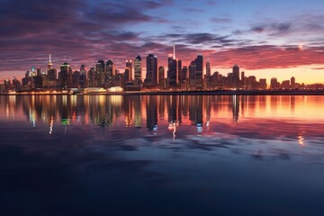 Wall Mural - city skyline reflecting onto calm water at twilight, created with generative ai