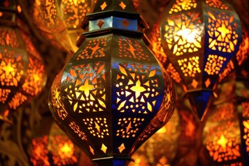 Poster - close-up of intricate moroccan lantern patterns, created with generative ai