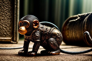 Portrait of high-tech monkey made out of metal generated by AI.