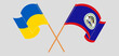 Crossed and waving flags of Ukraine and Belize
