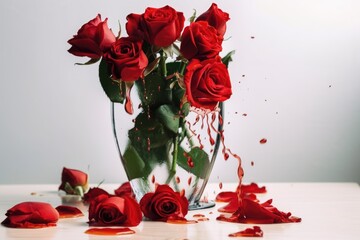 Wall Mural - red roses in vase, with water trickling down their petals, created with generative ai