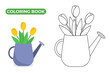 Watering can with bouquet of flowers. Black and white linear drawing of gardening inventory. Vector illustration of yellow tulips. Coloring book for kids.