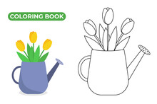 Watering Can With Bouquet Of Flowers. Black And White Linear Drawing Of Gardening Inventory. Vector Illustration Of Yellow Tulips. Coloring Book For Kids.