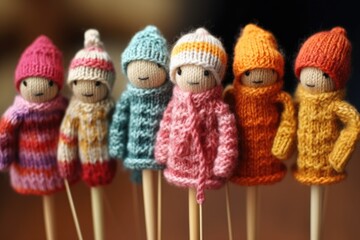 Poster - hand-knitted doll clothes on a wooden knitting needle, created with generative ai