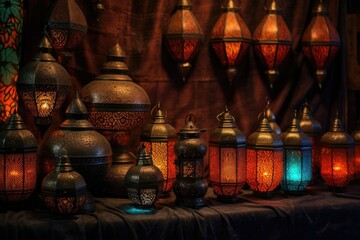 Poster - glowing moroccan lanterns in a dark room, created with generative ai