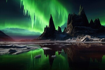 Wall Mural - aurora reflections on the surface of a martian lake, created with generative ai