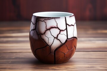 Sticker - fixed mug with visible cracks on wooden table, created with generative ai