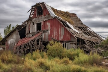 Wall Mural - old collapsed barn before restoration process, created with generative ai