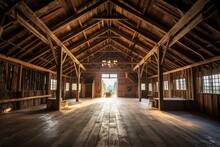 Restored Barn Interior With Exposed Wooden Beams, Created With Generative Ai