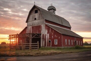 Wall Mural - restored barn illuminated by soft sunset light, created with generative ai