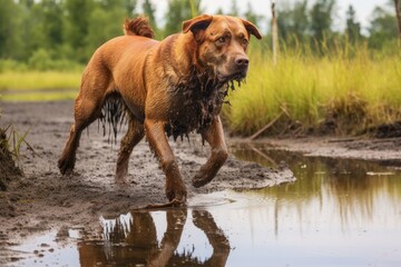 Sticker - wet dog shaking near a puddle or pond, created with generative ai