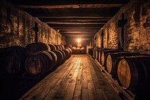 Row Of Aged Whiskey Barrels In A Dimly Lit Cellar, Created With Generative Ai
