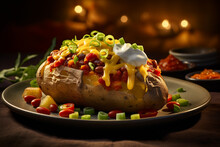 Jacket Baked Potato With Tomato Beans, Cheddar Cheese. Traditional British Food.ai Generative