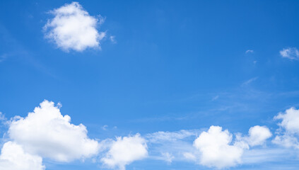 Wall Mural - Beautiful blue sky and white cumulus clouds abstract background. Cloudscape background. Blue sky and fluffy white clouds on sunny days. Beautiful blue sky. World Ozone Day. Ozone layer. Summer sky.