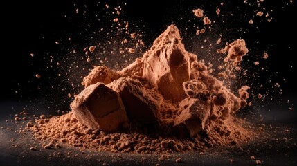 Wall Mural - Explosion of cocoa powder with lumps on black background. Generative Ai