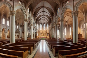 Poster - panoramic view of the expansive nave and altar, created with generative ai