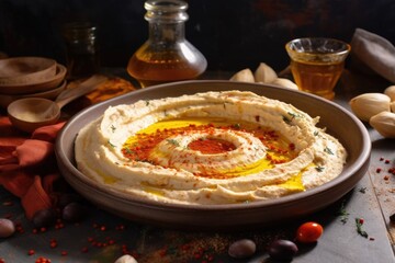 Canvas Print - plate of creamy hummus drizzled with olive oil and sprinkled with paprika, created with generative ai