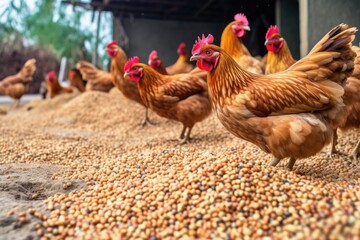 Wall Mural - close-up of hens pecking at grains on the ground, created with generative ai