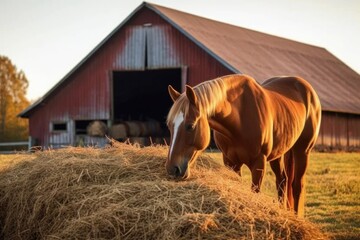 Wall Mural - horse enjoying hay near picturesque barn, created with generative ai