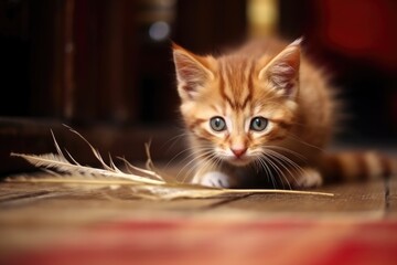 Wall Mural - kitten stalking a feather on the floor, ready to pounce, created with generative ai