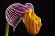purple and yellow ladys slipper orchid close-up, created with generative ai
