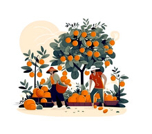Harvest Illustration Made With Generative AI. Farmers Harvesting, Picking Up Fruits And Vegetables In Farm Garden. Illustration Made With AI Generative