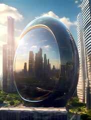 Canvas Print - Oval shape modern glass building of financial centre, illustration made with AI Generative