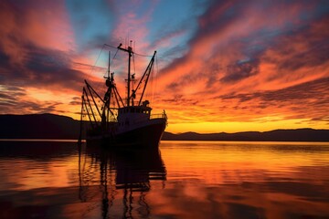 Sticker - silhouette of a fishing trawler against colorful sunset sky, created with generative ai