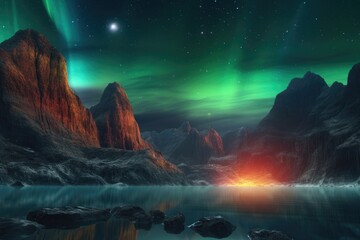Wall Mural - a distant exoplanets rocky terrain illuminated by an otherworldly aurora, created with generative ai