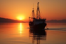 Sun Setting Behind A Fishing Trawler On Calm Waters, Created With Generative Ai