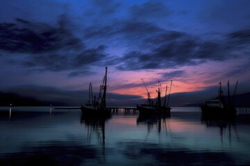 Poster - fishing trawlers silhouette framed by moonlit clouds at dusk, created with generative ai