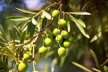 Wall Mural - close-up of ripe olives on tree branch in sunlight, created with generative ai