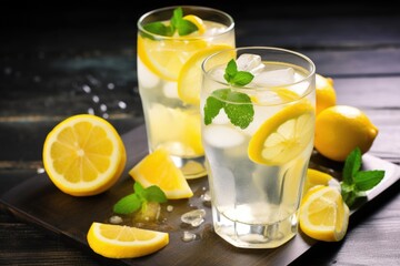 Wall Mural - refreshing glass of summer lemonade, with a slice of lemon and plenty of ice, created with generative ai