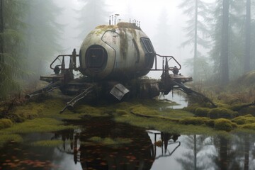 Wall Mural - dilapidated spacecraft in a foggy swamp, created with generative ai