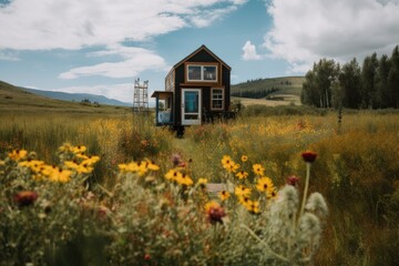 Wall Mural - tiny house in the middle of wildflower field, created with generative ai