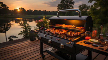 Outdoor barbecue, grill, roasted beef, sausages, summer, sunset, fun, vacation, beer, celebration 