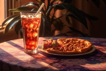 Wall Mural - half-eaten pizza with a glass of soda nearby, created with generative ai